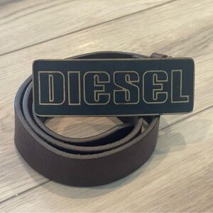 Diesel Brown Leather Belt with Black Logo Buckle